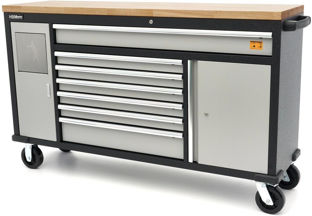 HBM 168 cm. Carrello portautensili mobile professionale, banco da lavoro con piano di lavoro in legno massello