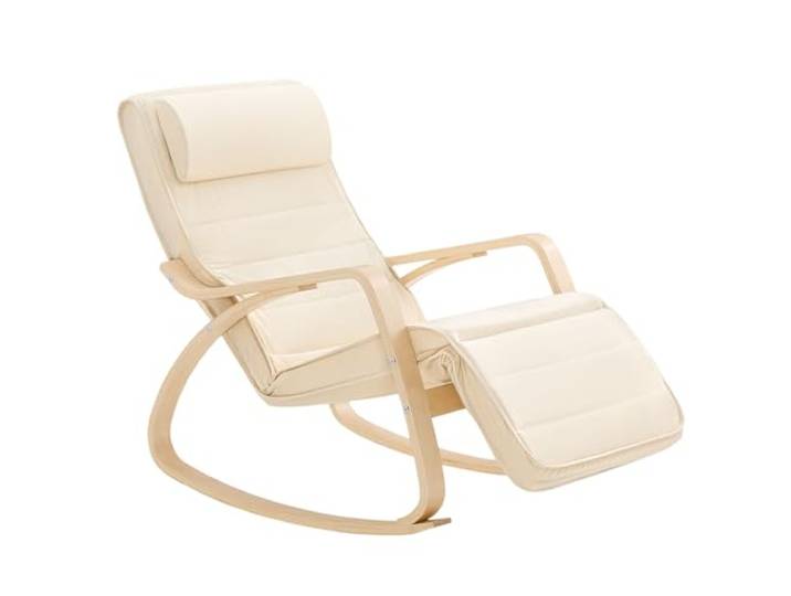SoBuy Schaukelstuhl mit Polster & Kopfstütze, Beige Gemütlicher Relaxsessel mit verstellbarer Fußstütze, perfekt zum Entspannen, FST16-W