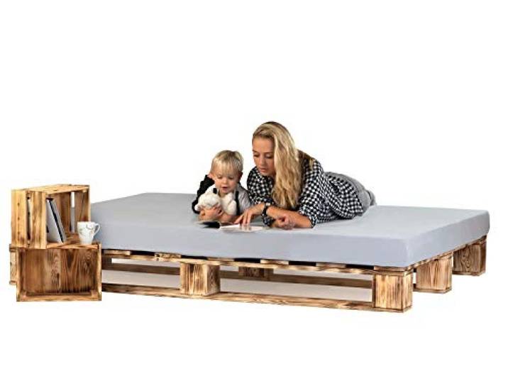 sunnypillow 240x200cm Paletten Bett aus Holz Holz Bett Massivholz Bett Bett aus Paletten Palettenmöbel Geflammt Vintage europalette 80 90 100 120 140 160 180 200 220 240x200cm