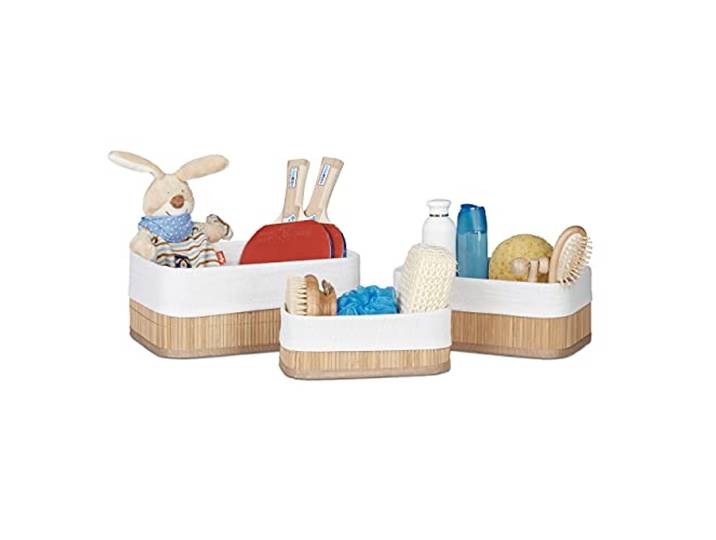 Relaxdays Boîte rangement en bambou\, lot 6\, paniers ouverts rectangulaires\, revêtement tissu\, salle de bain\, nature