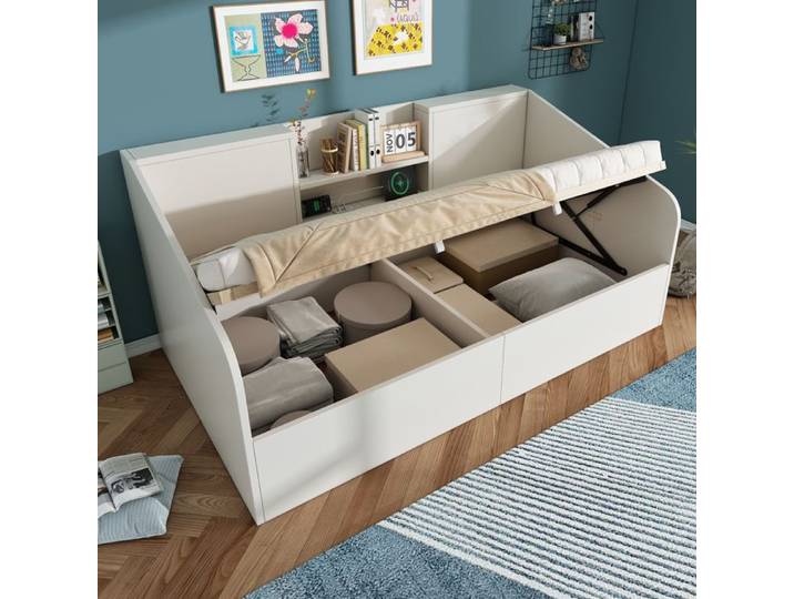 Hydraulique lit de jour 90x200 cm en blanc lit en bois avec 2 dépôts grand espace de stockage et station de recharge USB/Type-C g