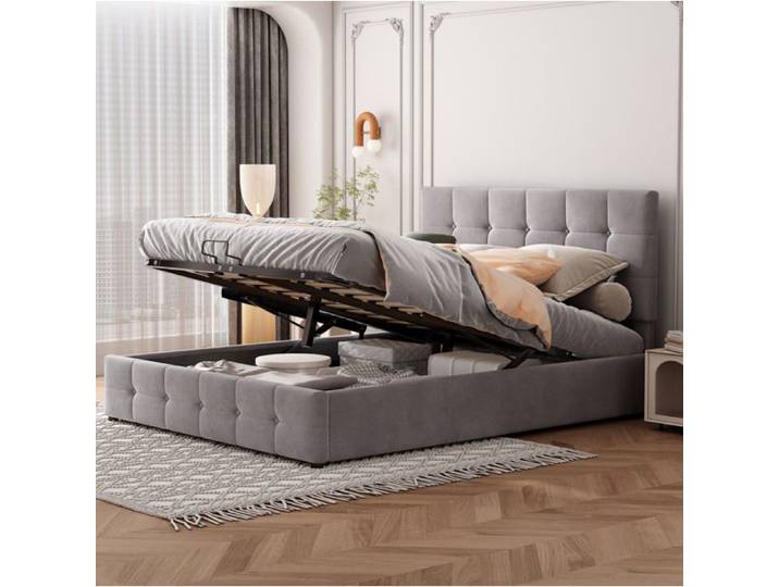 Lit coffre double gris 140×200 cm sommier inclus tête de lit réglable structure solide