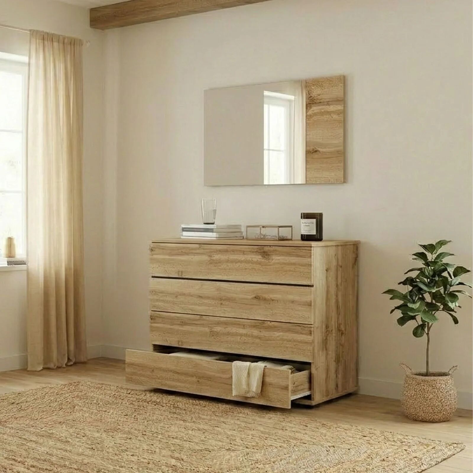 garneroarredamenti Comò 80x80h cm 4 cassetti con specchio moderno quercia Tamika