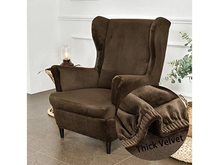 Highdi Velours Housse de Fauteuil à Oreilles Extensible 2-Pièces Couverture de Fauteuil avec Housse de Coussin en T\, Couleur Unie Mode Strandmon Housse de Fauteuil Antidérapante (Marron foncé)