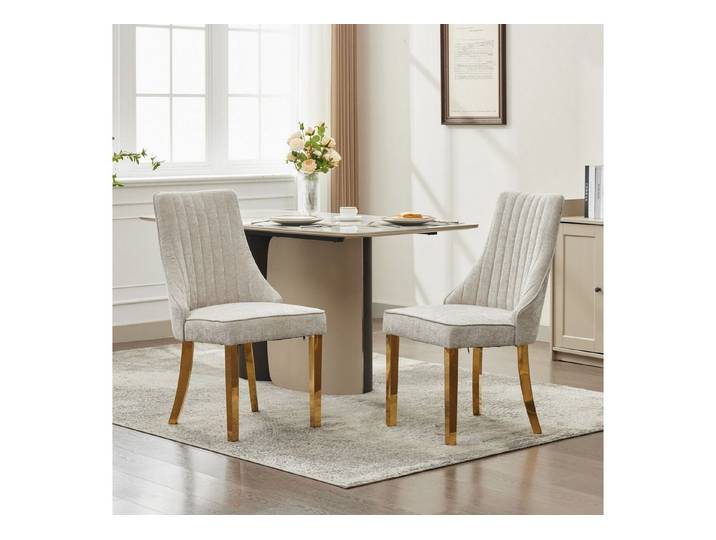 Odikalo Esszimmerstuhl Küchenstuhl Polsterstuhl mit Beinen aus goldfarbenem Edelstahl (Esszimmerstühle aus Chenille-Stoff mit Flockdruck, bequem und stoffbezogen, Akzentstühle für das Esszimmer, 2er-Set, Beige)