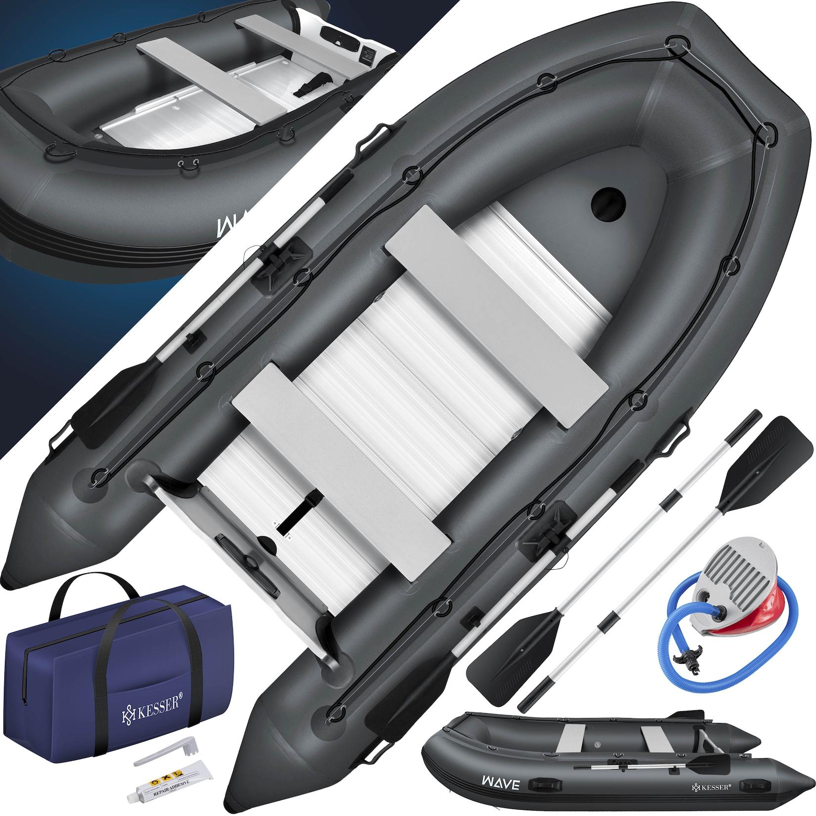 KESSER® Schlauchboot für 2 - 4 Personen - WAVE Motor geeignet Freizeitboot Paddelboot Motorboot Angelboot - mit 1 - 2 Sitzbänken - Alu-Boden Paddel Pumpe Reparaturset & Tasche aufblasbar PVC