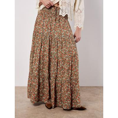Maxirock APRICOT "Geblümter, gestufter Maxirock mit Zickzackmuster", Damen, Gr. XS (34), grün (khaki), gewebt, Obermaterial: 100% Viskose CV., geblümt, normal, Röcke Maxirock, mit gesmoktem Bund