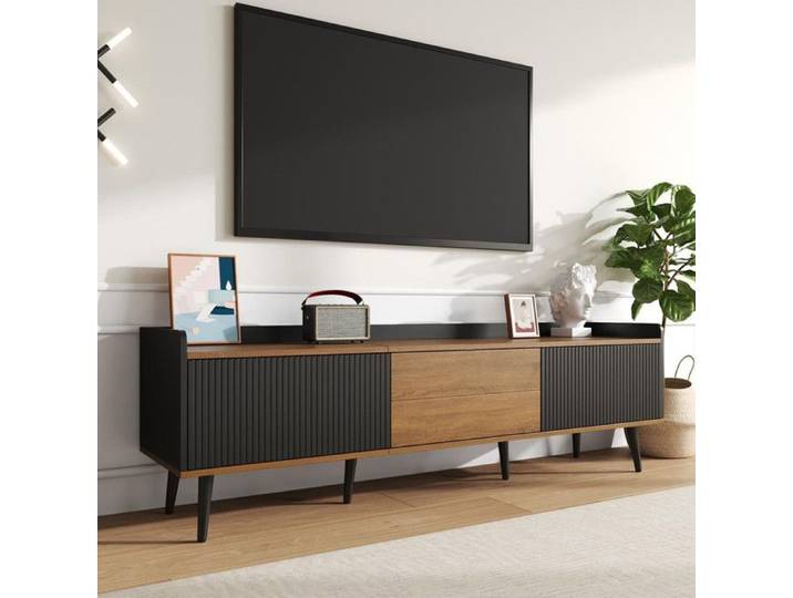 Meuble TV table TV meuble TV meuble bas trois portes. Design compact. Finitions noir et bois naturel Armoire TV 49 5x160 x39 cm