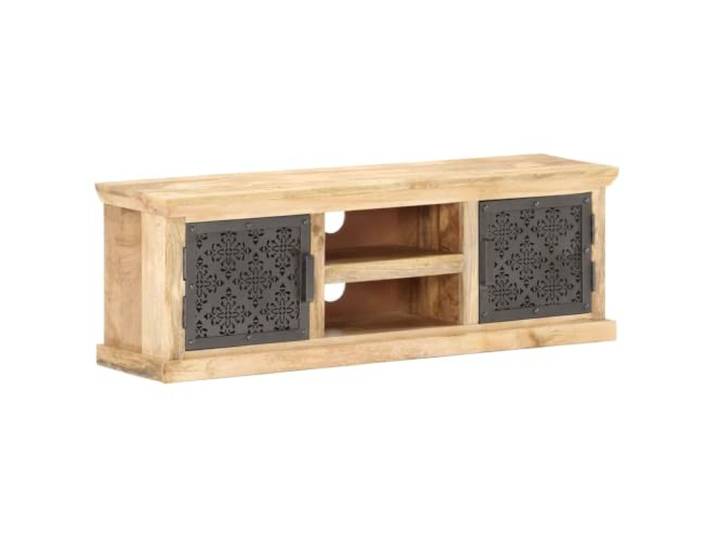 Kaorsrow TV-Schrank Lowboard 120x30x40 cm Mango Massivholz Schwarz Stilvolles Fernsehmöbel fürs Wohnzimmer mit 2 offenen Fächern und 2 Stahltüren für Geordneten Stauraum.