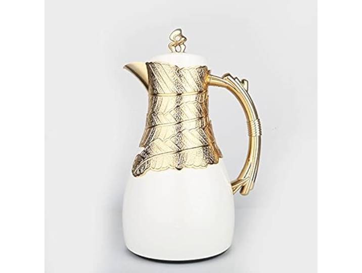 Isolierte Kaffeekaraffe, 907 ml, Weiß und Gold, Luxus-Thermoskanne im marokkanischen Stil, vakuumisolierte Thermosflasche mit Ausguss, Glaseinsatz, Wasser, Karaffen und Stellplätze mit Deckel