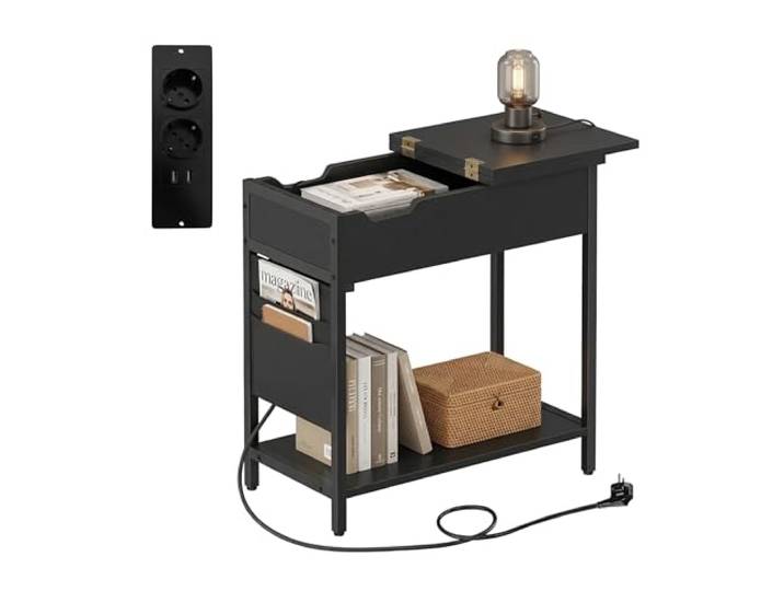 Relaxdays Beistelltisch mit Steckdosen, USB-Anschluss, schwarz