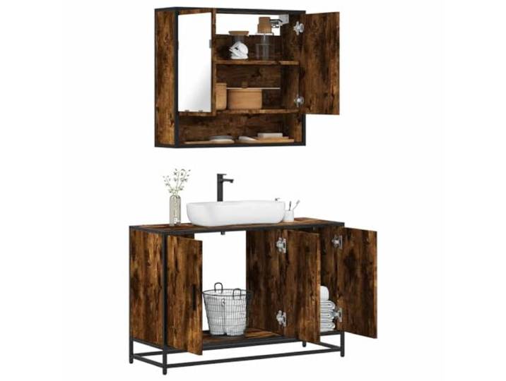 HWKQEQRF 2-TLG. Badmöbel-Set Räuchereiche Holzwerkstoff Metallgestell, Lowboard, Waschbeckenunterschrank, Spiegelschrank, Wandmontage, Stauraum, kleinere Räume