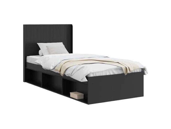 PUGYNBK Schwarzer Bettrahmen mit Kopfteil und Aufbewahrung Robustes Holz, Lattenrost, minimalistisches Design, Seitenfächer, einfache Reinigung