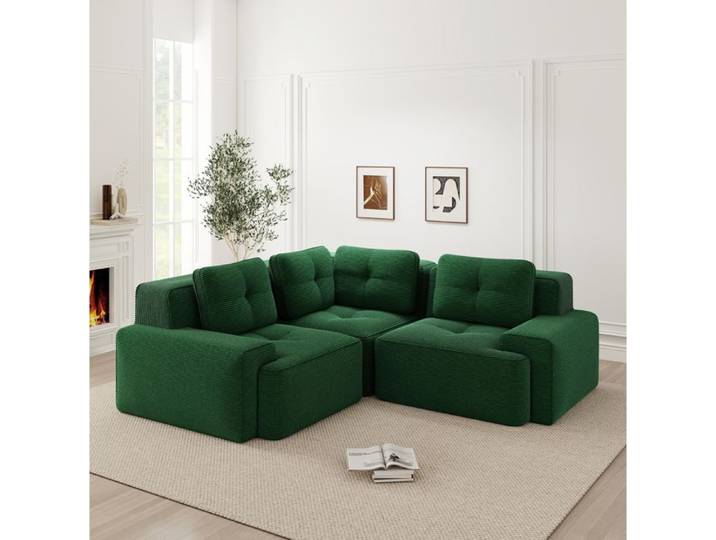 WOVREO canapé d angle modulable 3 places vert en velours côtelé assise profonde 74 cm sans montage