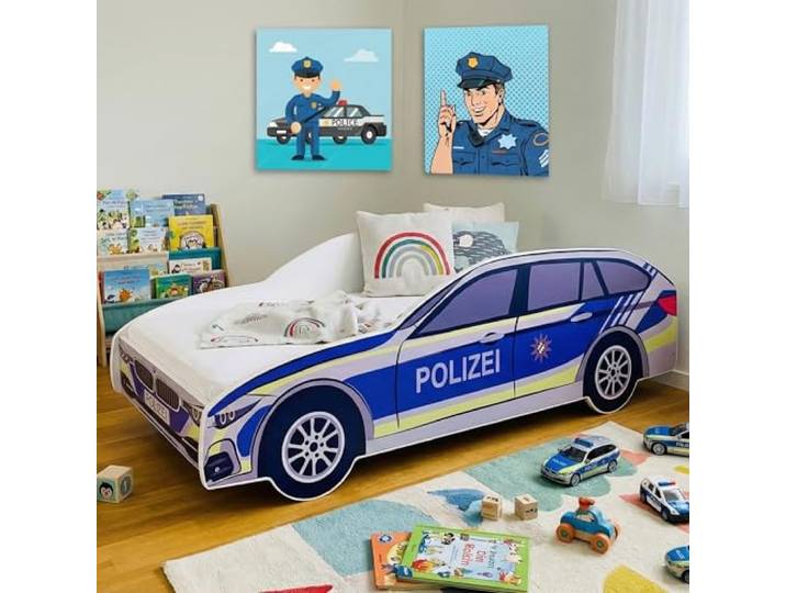 Kids Collective Autobett 70x140 cm Spielbett Kinderbett mit Matratze Rausfallschutz und Lattenrost 140 x 70 Bett Kinder Polizei Auto Wagen