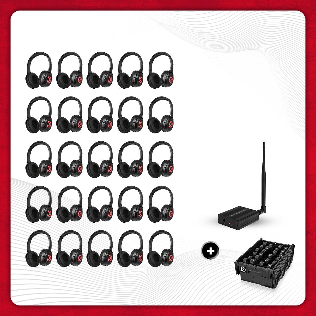 Dolly Digital Silent Disco Pro Set - 25 kabellose Kopfhörer für Gruppen inklusive Sender und Aufbewahrungsbox