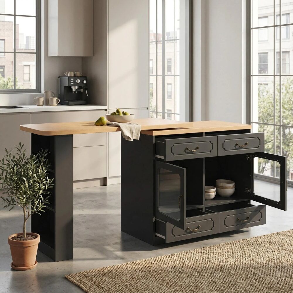 Urban Meuble Table de bar extensible rotatif 360° avec LED Noir 203x93x39cm