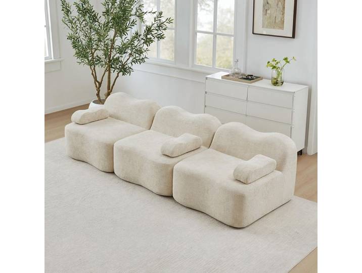 Canapé modulaire 3 places beige mousse haute densité 32D forme ondulée assise profonde coussin d accoudoir amovible