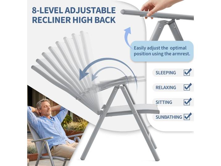 Ensemble de 2 chaises de jardin - Chaise de jardin pliante en aluminium avec dossier haut, dossier et accoudoirs réglables en 8 positions, chaise pliante confortable, chaise de camping également