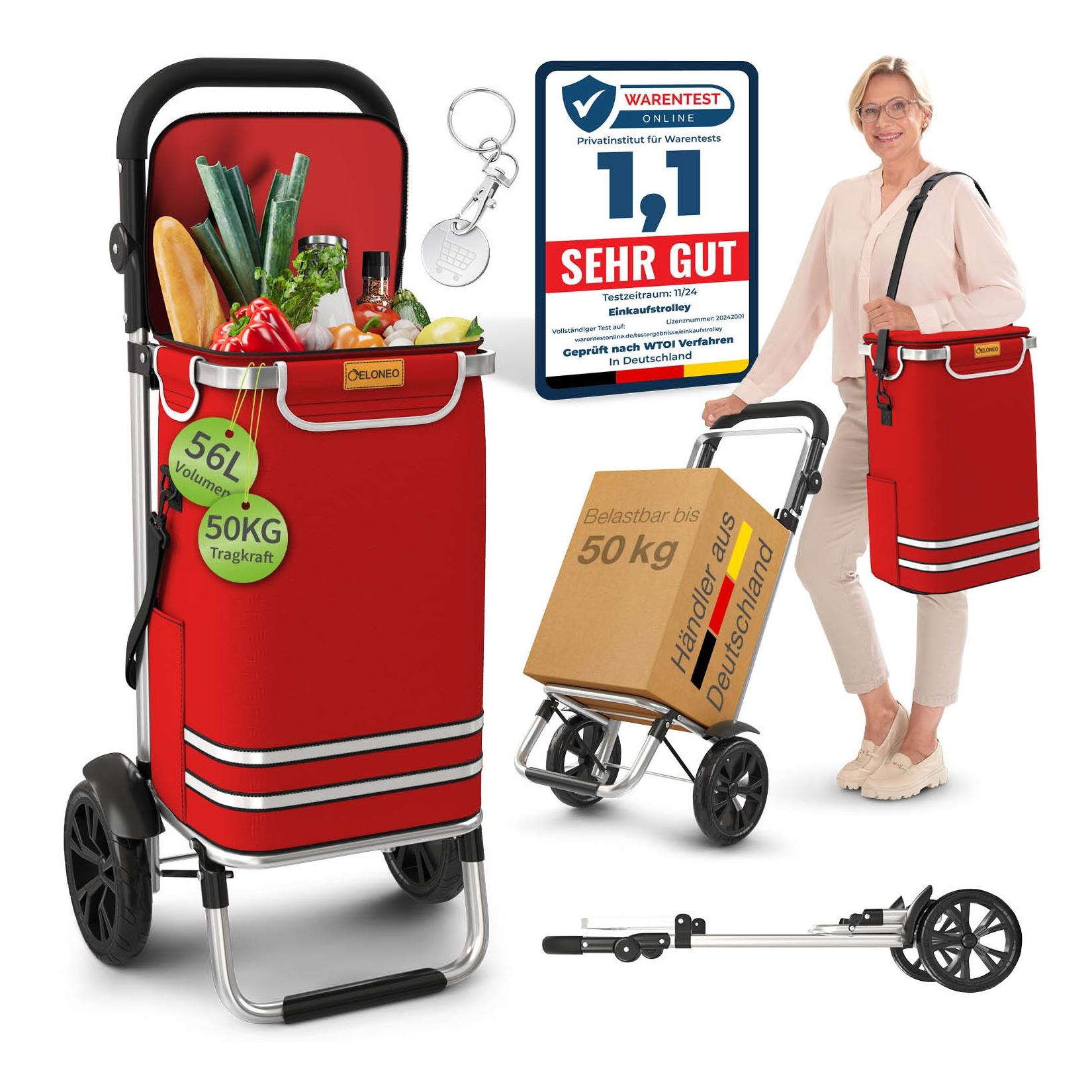 ELONEO Einkaufstrolley klappbar, Einkaufswagen mit Kühlfach, 3in1 Trolley, Shopping Trolley 56L & Umhängetasche - Rot