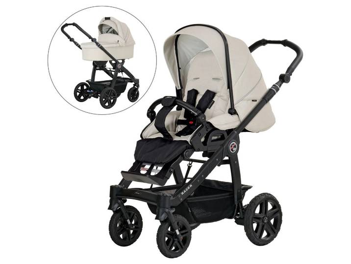 Hartan Kinderwagenset Racer Gts, Greige, 3-teilig, 59x113x101 cm, EN 1888, UV 50+, AZO-frei, Made in Germany, Feststellbremse, Fußstütze abklappbar, Federung, kugelgelagerte Räder, Verdeckung abnehmbar, 5-Punkte-Gurt, für Babyschale geeignet, Griff in Lederoptik, Sitz umsetzbar, Reflektorstreifen, abnehmbarer Schutzbügel,5-Punkt-Gurt, Gurtschoner, Schutzbügel abnehmbar, Verdeck abnehmbar, Sitz umsetzbar, Sportsitz mit verlängertem Verdeck,Matratze, Baby on Tour, Kinderwagen, Kombikinderwagen