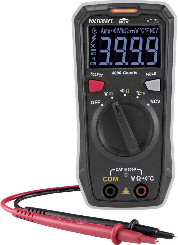 Voltcraft VC-22 Handheld Digitaal Multimeter, CAT III, 600 V, 4000 tellingens, met temperatuurmeting