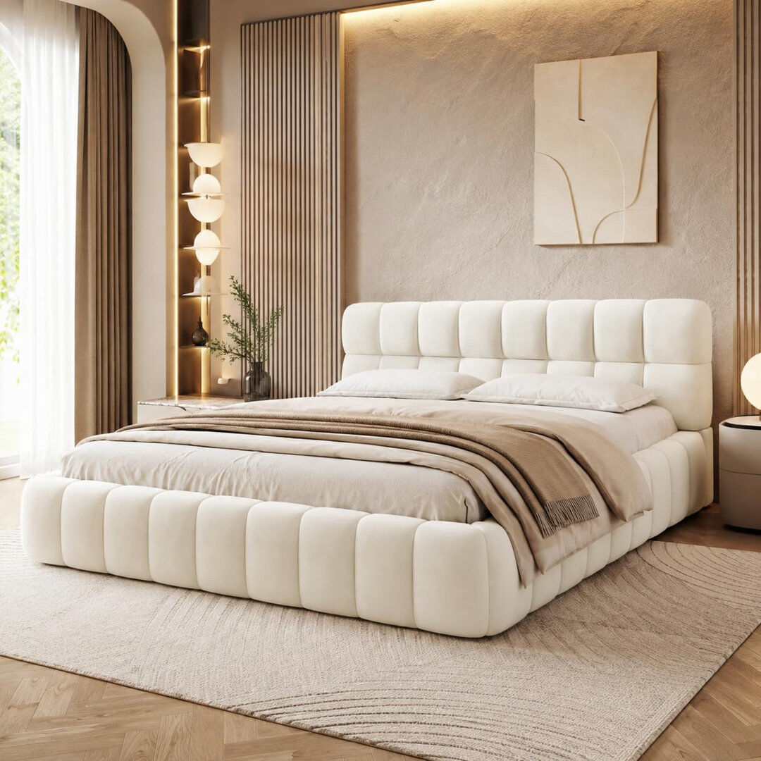 17 Stories Upholstered Double Bed with Unique Mattress Design White Double (4'6)