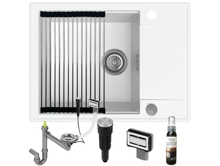 SINK QUALITY Granitspüle weiß 62x46 - Spülbecken mit Siphon PUSH, Abtropfgestell, Imprägniermittel - Küchenspüle weiß mit Abtropffläche für 55er Unterschrank