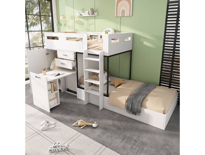 ULEVR Lit superposé multifonction 90x200 cm blanc et noir avec bureau escamotable armoire tiroirs et échelle