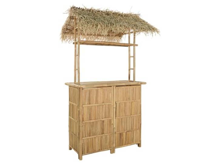 HFXHIJXQ Bartisch mit Dach Outdoor Garten Stehtisch Bambus 115x95x215cm Moderner Gartenbartisch aus Bambus mit integriertem Dach und praktischen Regalen für Garten, Terrasse und Balkon.