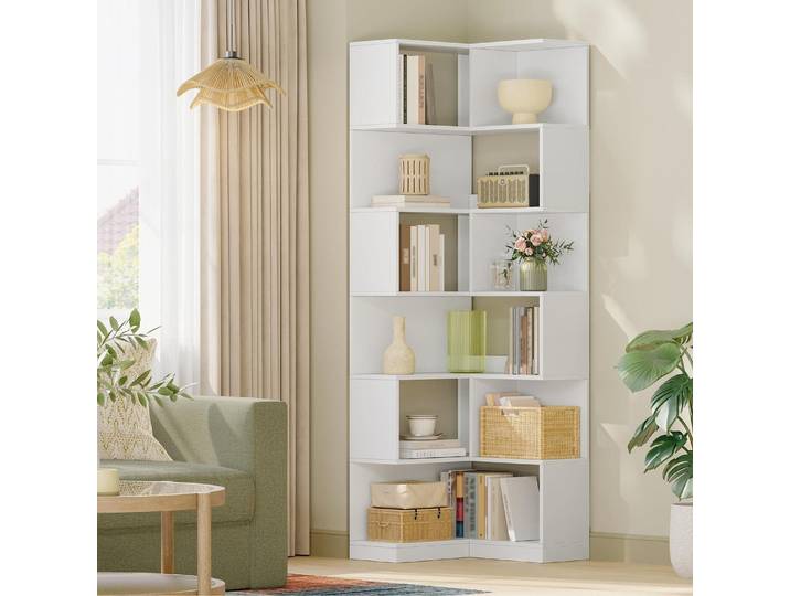 Bücherregal 7-stöckiges Eckregal L-Form Standregal Weiß 60x54x181,5 cm BC29303X
