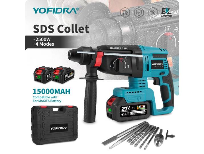 Marteau perforateur électrique sans fil YOFIDRA 26 mm, multifonctionnel, rechargeable, compatible avec la batterie Makita 21V.