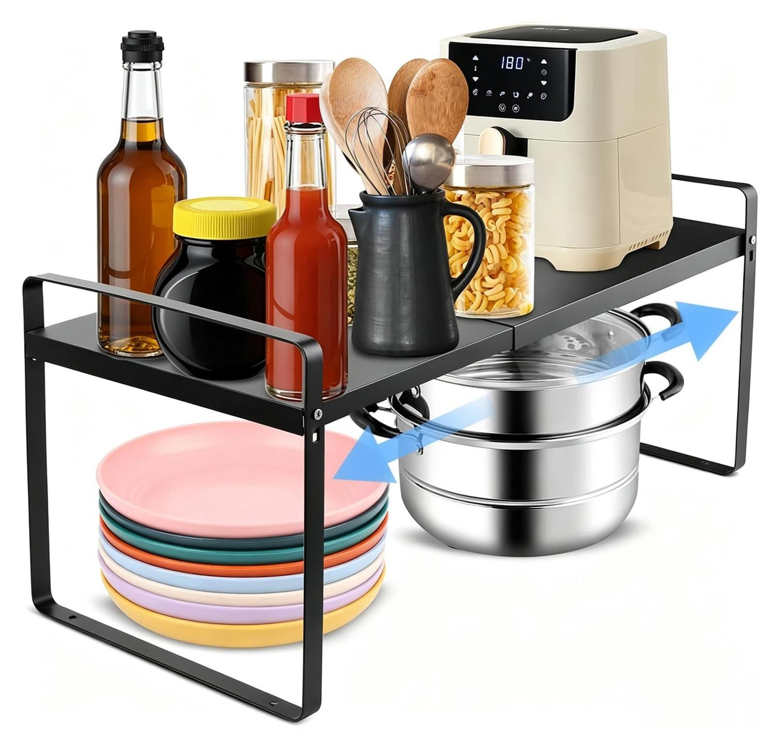 Selius Uitbreidbare Keukenplank Organizer, Kastplank voor Keukenopslag, Zwart