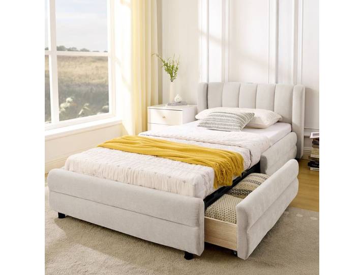 Lit simple - KOMHTOM - Chenille - 90x200 cm - 2 tiroirs - USB - Beige