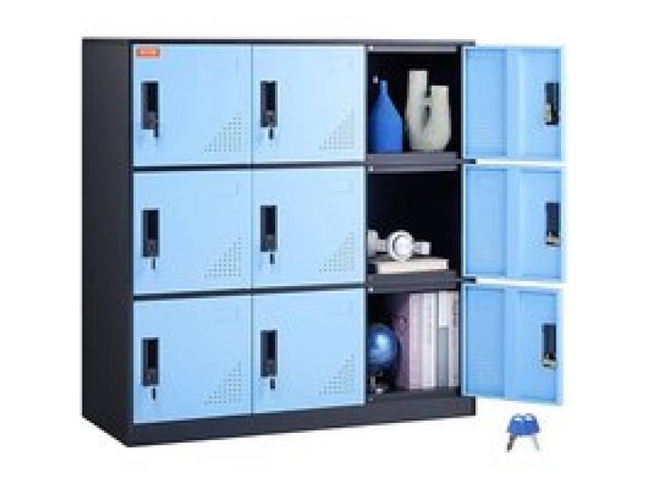 VEVOR Umkleideschrank Fächerschrank Schließfachschrank, 9-türiger Aufbewahrungsschrank, Garderobenschrank mit 9 Fächern Wertfachschrank, 30 kg Ladekapazität, Bürospinde für Büro, Schwarz & Blau