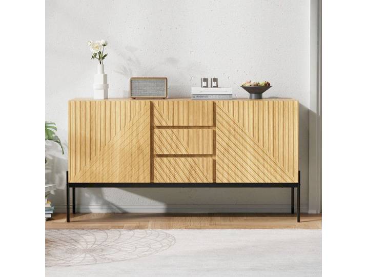 Buffet Moderne 75x140x40cm - Design Linéaire - 2 Portes & 3 Tiroirs - Étagères Réglables 3 Niveaux - Couleur Naturelle