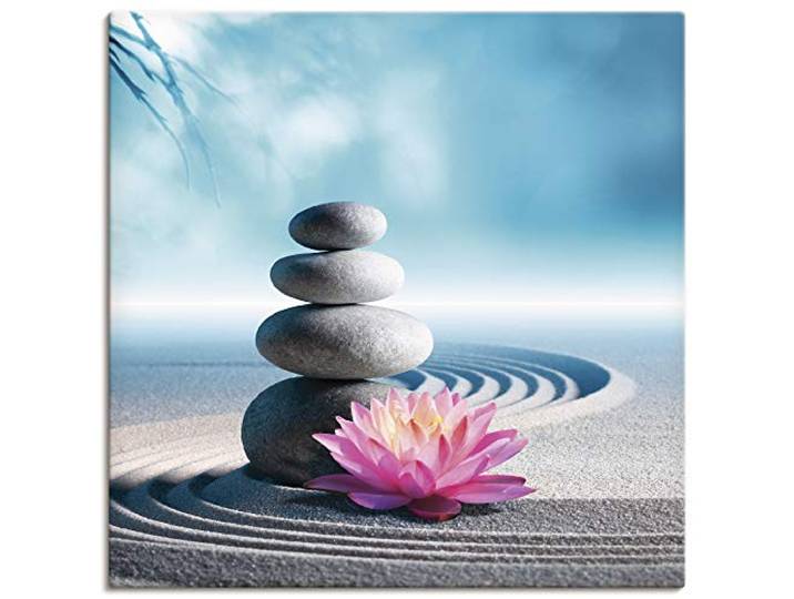ARTLAND Wanddeko Leinwand Bilder Wandbild 50x50 cm Wellness Zen Stein Fotografie Blau Sand, Lilie und Spa-Steine in Zen-Garten S5XU