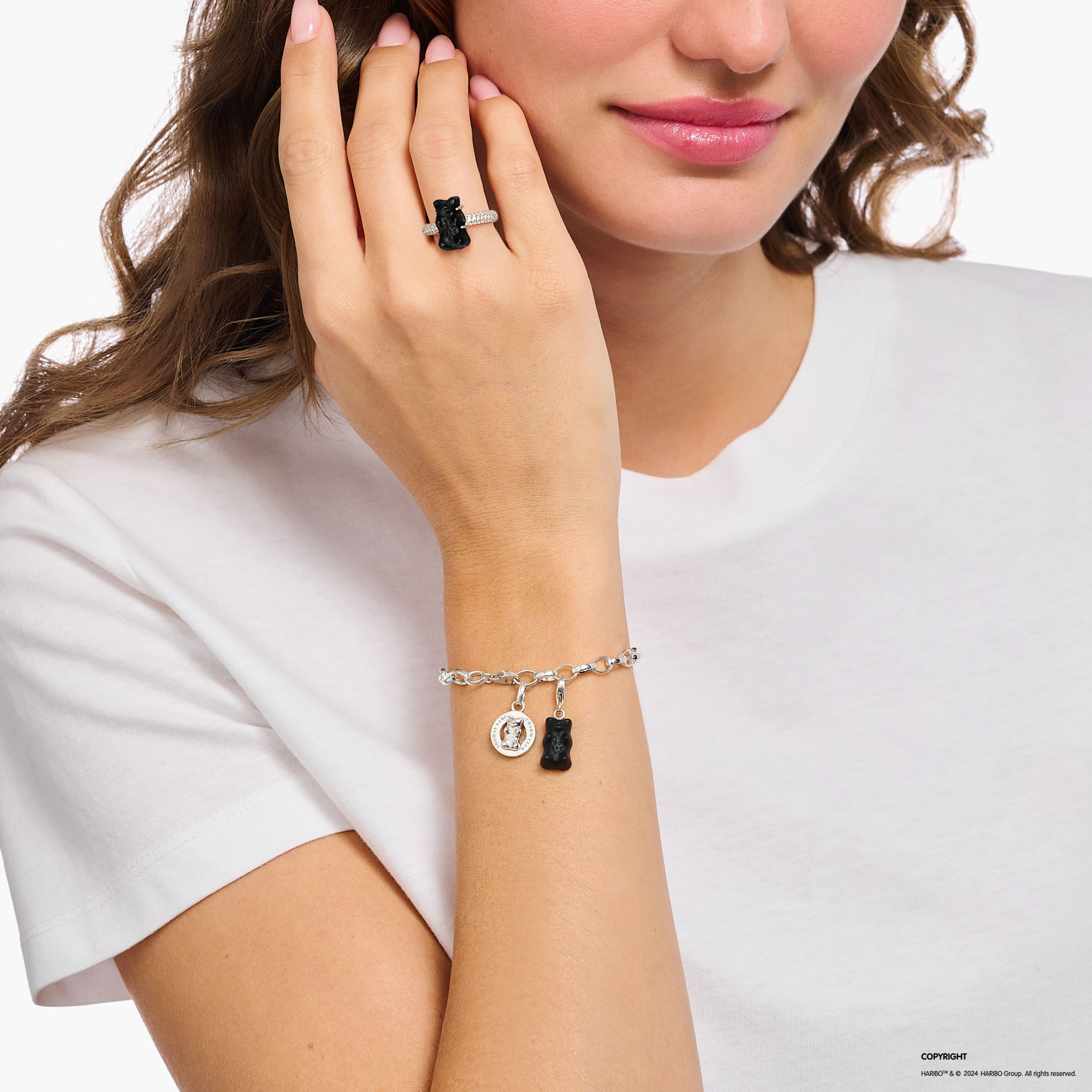 Charm-Einhänger THOMAS SABO "THOMAS SABO x HARIBO Schmuck: Charm", silber (silberfarben, schwarz, schwarz), Charms, Damen, Silber 925 (recycelt), mit Kristallglas