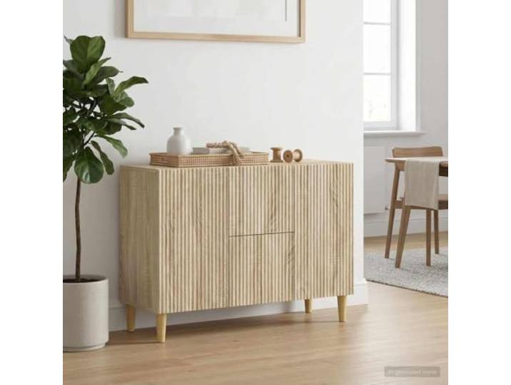 Jkghdrt Sideboard Sonoma-Eiche 89 x 34,5 x 60 cm Holzwerkstoff Stauraum, nostalgisches Design, abgerundete Beine, pflegeleichte Oberfläche, vielseitig einsetzbar