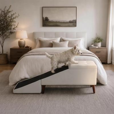 "GDFStudio - 47.28"" 2-in-1 Foldable Storage Solid Wood Pet Ramp Stairs, Anti-Slip Detachable Convertible Pet Footstool"
