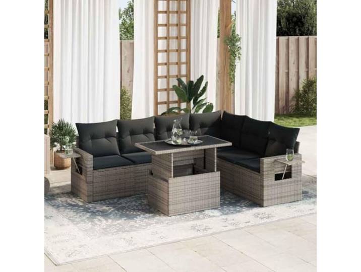 KTHLBRH Gartenmöbel-Set 7-teilig mit grauen Kissen aus Polyrattan Outdoor Lounge mit Stauraum, Ecksofa, verstellbare Tischplatte, wasserdichte Hülle