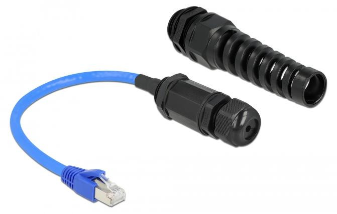 Delock Cat.6 S-FTP RJ45 naar RJ45 waterdichte netwerkkabel met kabelwarting en beschermkap, zwart/blauw, 0,25 m