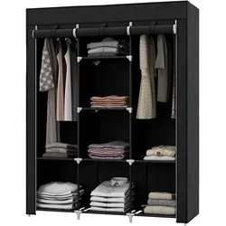 STILVORA Stoffschrank Faltschrank 125x43x163 cm mit 2 Kleiderstangen und 8 Ebenen Stauraum Schwarz, platzsparend mit Reißverschluss und Klett