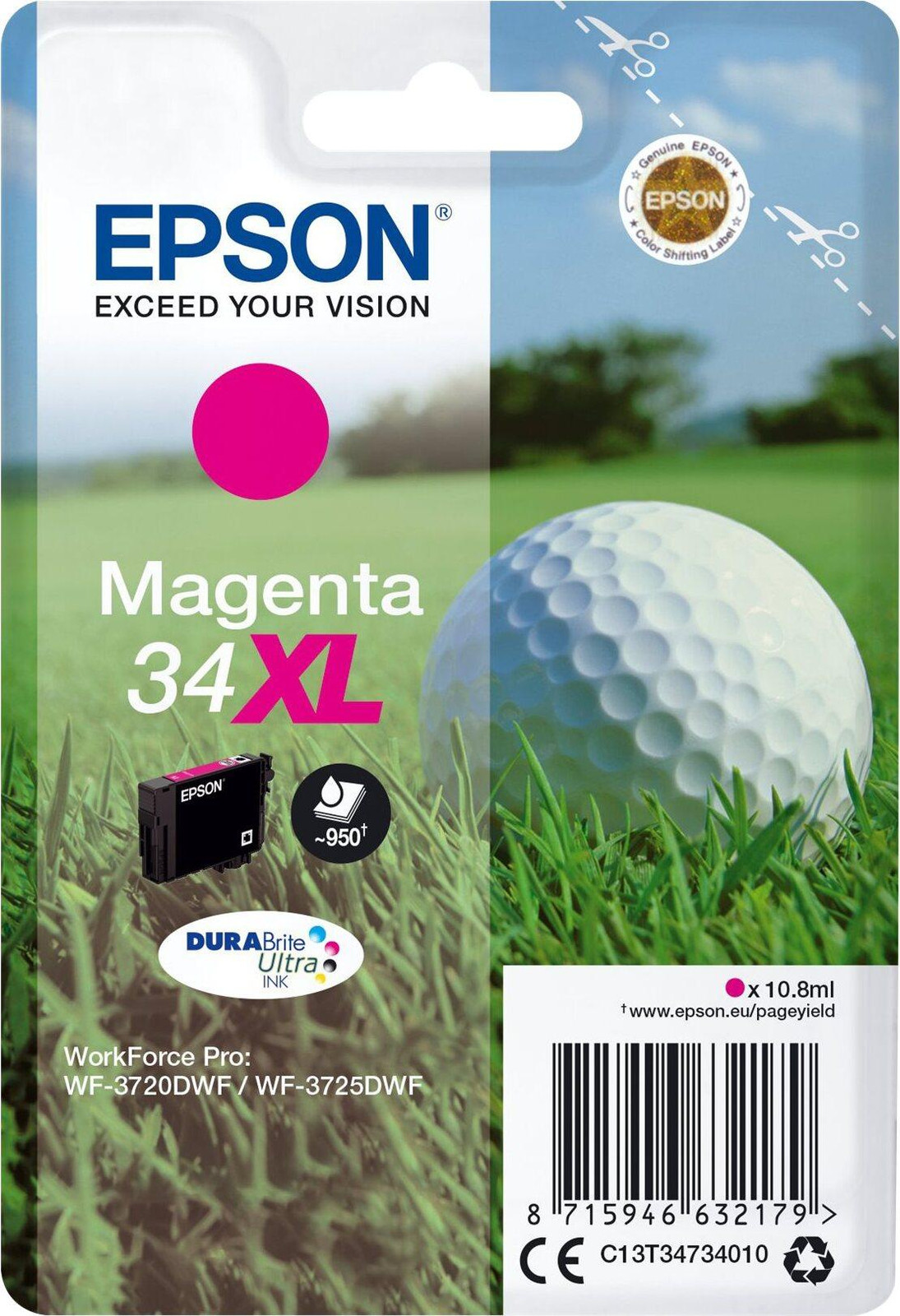 Epson Golf bal set met één inktpatroon 34XL DURABrite Ultra Magenta, paars, pigmentgebaseerde inkt, 10,8 ml, 1 stuk