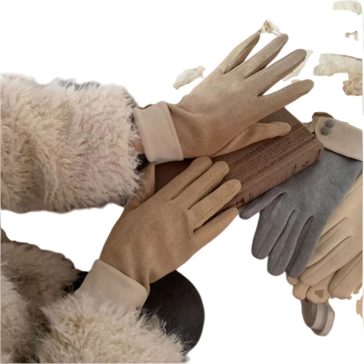 INF Winterhandschuhe mit Knopfdesign, Fleece-Futter und Verdickung für Outdoor-Radfahren Khaki