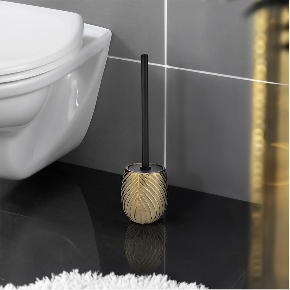 WC-Garnitur WENKO "Modell Idro", gold (goldfarben), H:39cm Ø:10cm, Edelstahl, Keramik, Reinigungsbürsten, WC-Garnitur, WC-Bürstenhalter aus Keramik mit Linienstruktur