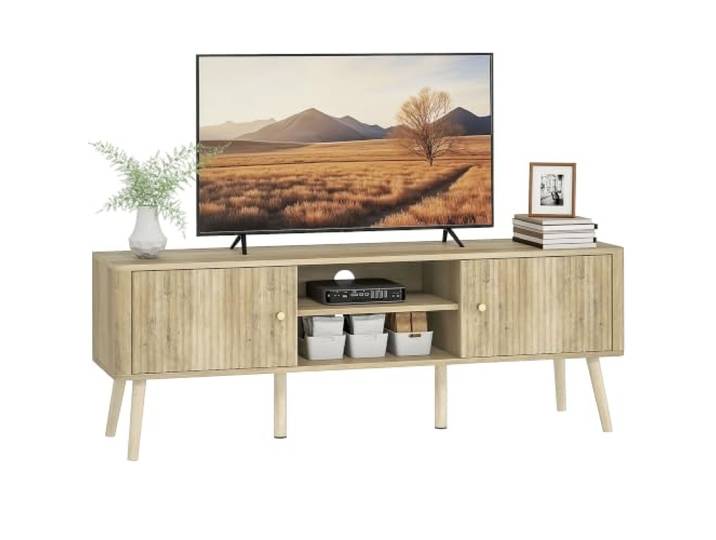 HOMCOM TV-Schrank 60/65 Zoll TVs verstellbare Regale 2 Schränke Eiche Entertainment Center, offene Fächer, Media-Console-Tisch, Kiefernholzbeine, Wohnzimmer