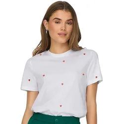 Only T-Shirt Ketty in Weiß mit roten Herzen-S