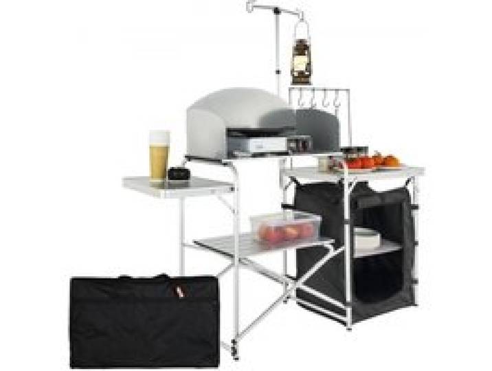 VEVOR Campingküche Outdoor Faltbar 78 x 49 x 13 cm, Alu Campingschrank, Camping Küche mit Windschutz, Campingmöbel Reiseküche inkl. Haken & Lampenmast 66-121 cm, Küchenschrank Campingtisch Reisen
