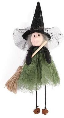 Inspired Deals Halloween Witch Doll Hanging Ornament With Broom Spooky Party Decoration green